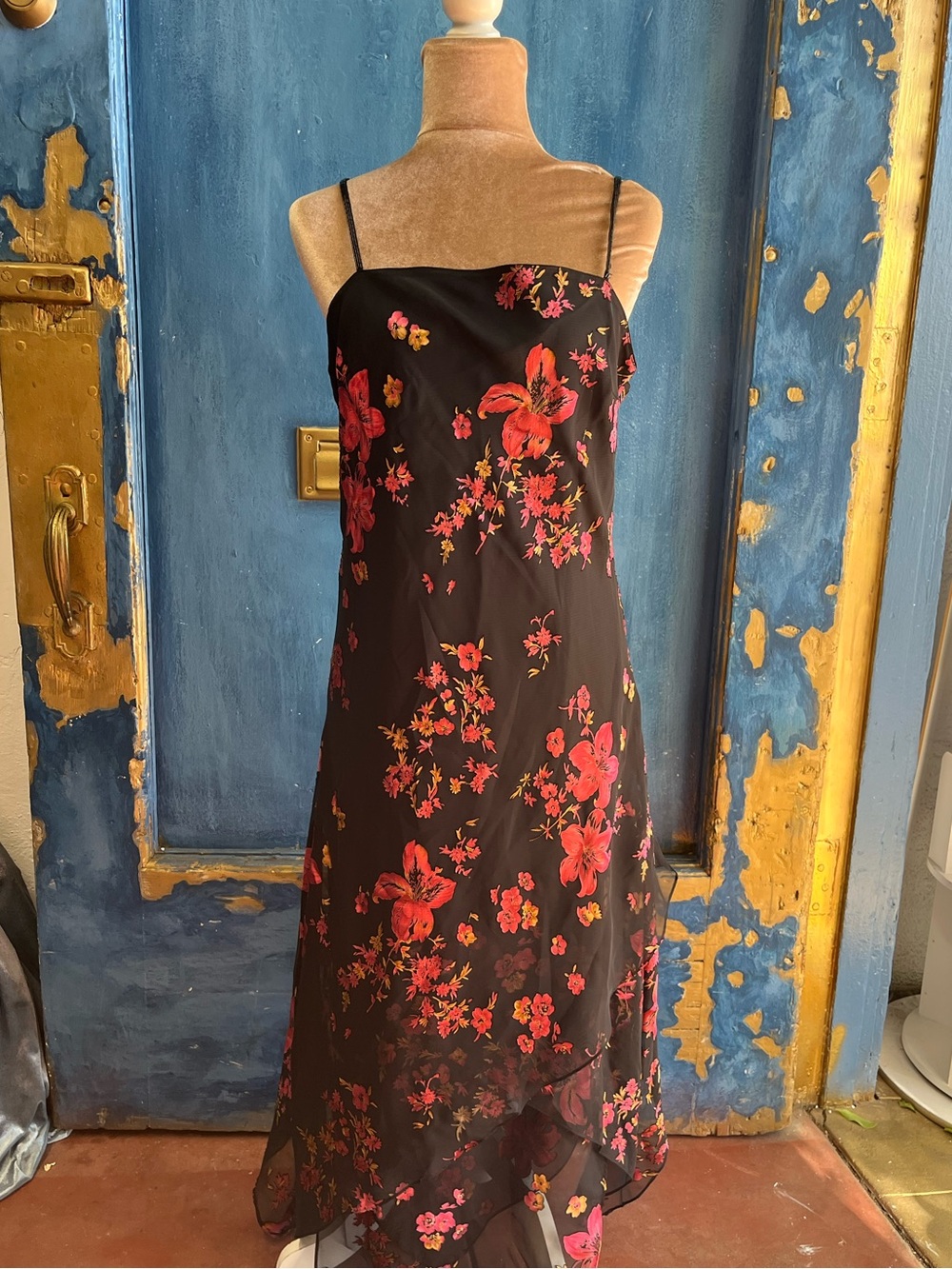 Black Floral Maxi Slip Dress with Red & Pink Blooms